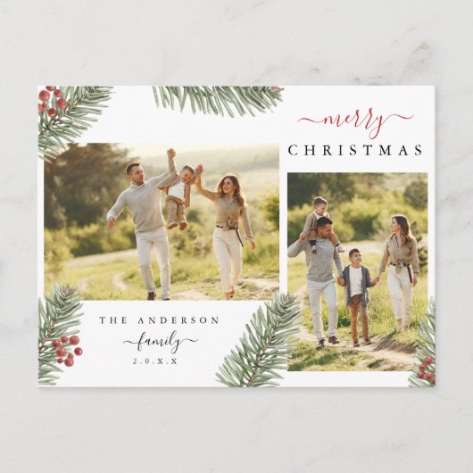 Elegante Rustieke Pijnboom Kerstmis 2 Aangepaste F Feestdagenkaart (Voorkant)