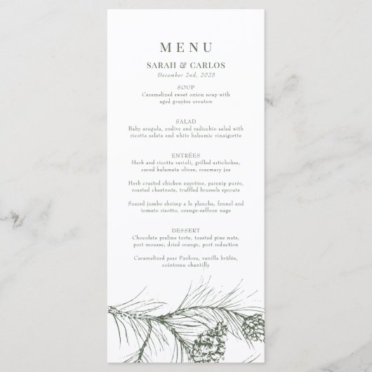 Elegante rustieke Pine Woodland bruiloft Menu (Voorkant)