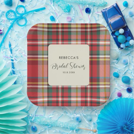 Elegante Rustieke Plaid Script Bruiloft Feest Papieren Bordje (Feest)