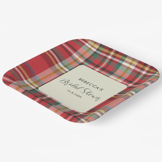 Elegante Rustieke Plaid Script Bruiloft Feest Papieren Bordje (Gebogen)