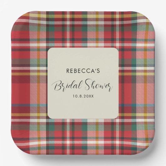 Elegante Rustieke Plaid Script Bruiloftsfeest Papieren Bordje (Voorkant)