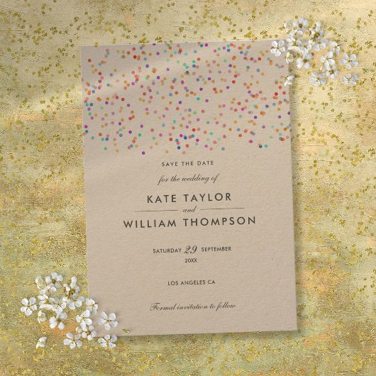 Elegante Rustieke Regenboog Confetti Bruiloft Save The Date