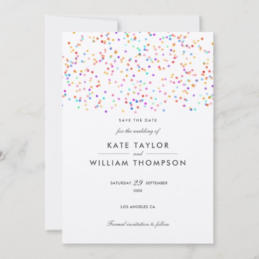 Elegante Rustieke Regenboog Confetti Bruiloft Save The Date (Voorkant)