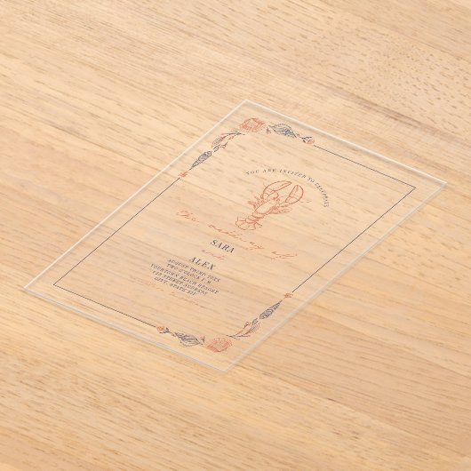 Elegante rustieke rode & blauwe strand bruiloft kr acryl uitnodigingen (Laagn)