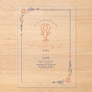 Elegante rustieke rode & blauwe strand bruiloft kr acryl uitnodigingen