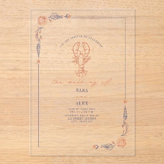 Elegante rustieke rode & blauwe strand bruiloft kr acryl uitnodigingen (Voorkant)