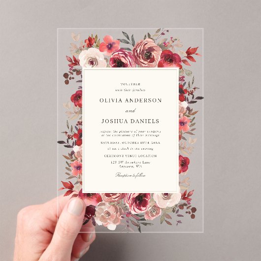 Elegante rustieke rode bloemen herfst bruiloft acryl uitnodigingen (Insitu (Draagbaar))