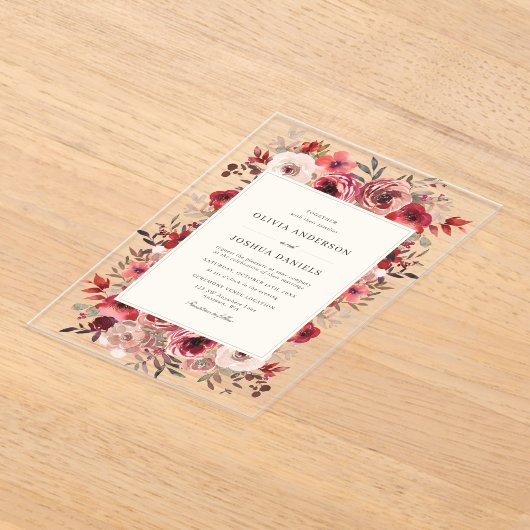 Elegante rustieke rode bloemen herfst bruiloft acryl uitnodigingen (Laagn)