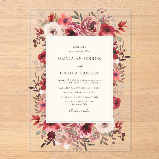 Elegante rustieke rode bloemen herfst bruiloft acryl uitnodigingen (Voorkant)