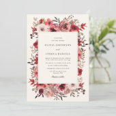 Elegante rustieke rode bloemen herfst bruiloft kaart (Staand voorkant)