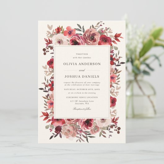 Elegante rustieke rode bloemen herfst bruiloft kaart (Staand voorkant)