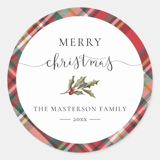 Elegante Rustieke Rode Geruite Kerstmis Ronde Sticker (Voorkant)