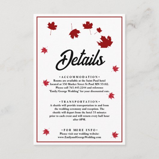 Elegante rustieke rode herfst bladeren bruiloft de informatiekaartje (Voorkant)