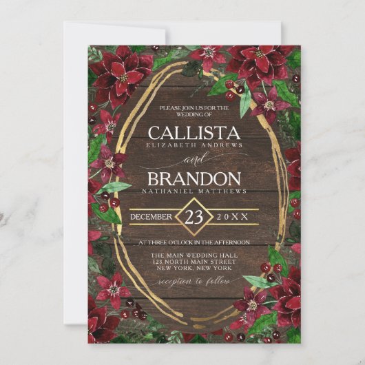 Elegante rustieke rode poinsettia bloemenhouten br kaart (Voorkant)