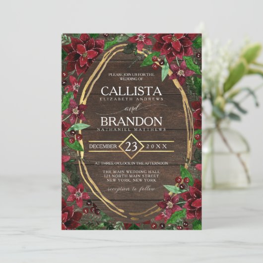 Elegante rustieke rode poinsettia bloemenhouten br kaart (Staand voorkant)