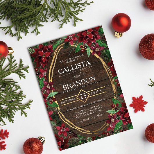 Elegante rustieke rode poinsettia bloemenhouten br kaart