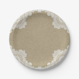 Elegante Rustieke Romantiek Witte Kant en Kraft Tr Papieren Bordje