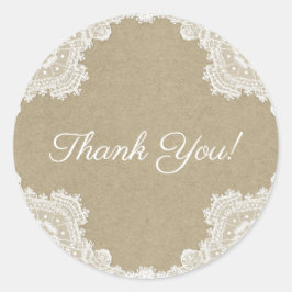 Elegante Rustieke Romantiek Witte Kanten en Kraft  Ronde Sticker