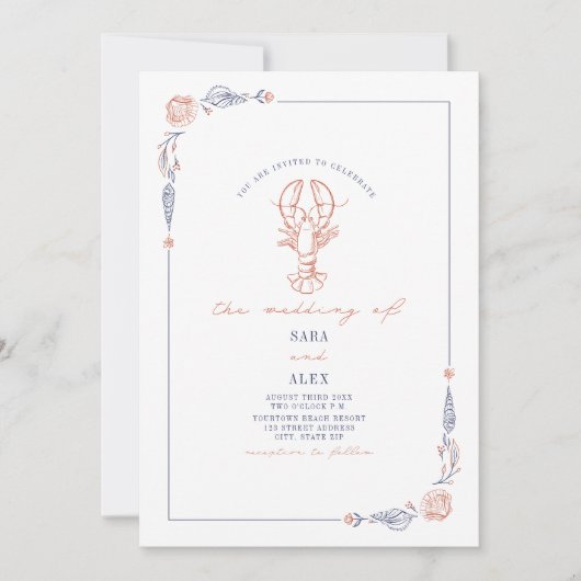 Elegante rustieke rood & blauw strand bruiloft kre kaart (Voorkant)