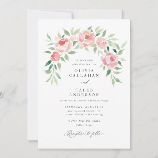 Elegante rustieke roze bloemenboog bruiloft kaart (Voorkant)