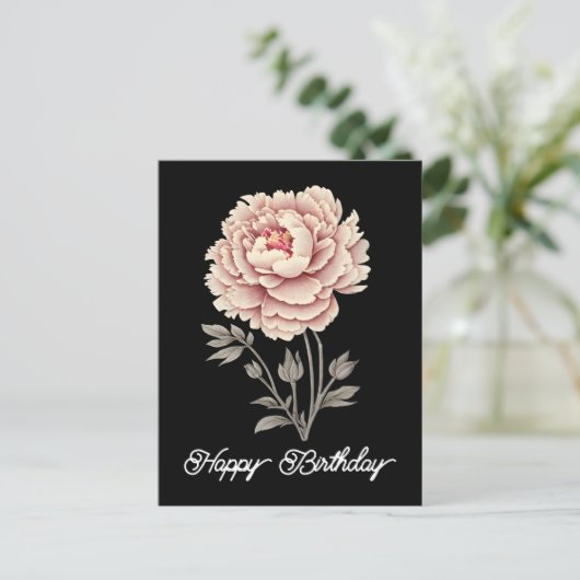 Elegante  rustieke roze pioen Happy Birthday Briefkaart (Staand voorkant)