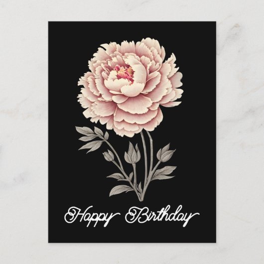 Elegante  rustieke roze pioen Happy Birthday Briefkaart (Voorkant)