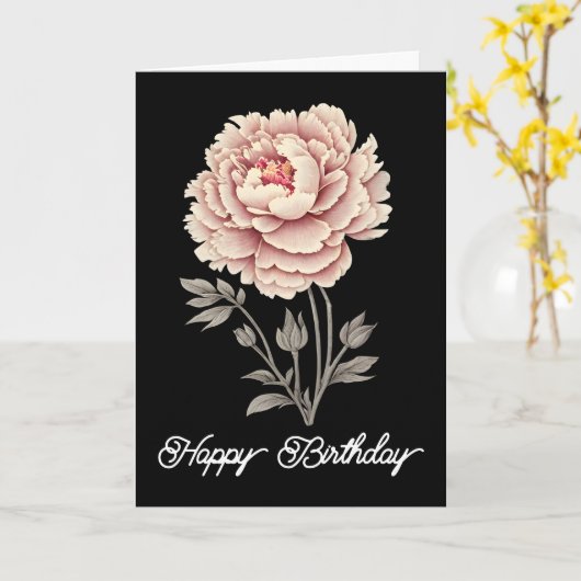 Elegante rustieke roze pioen Happy Birthday Kaart (Gele Bloem)