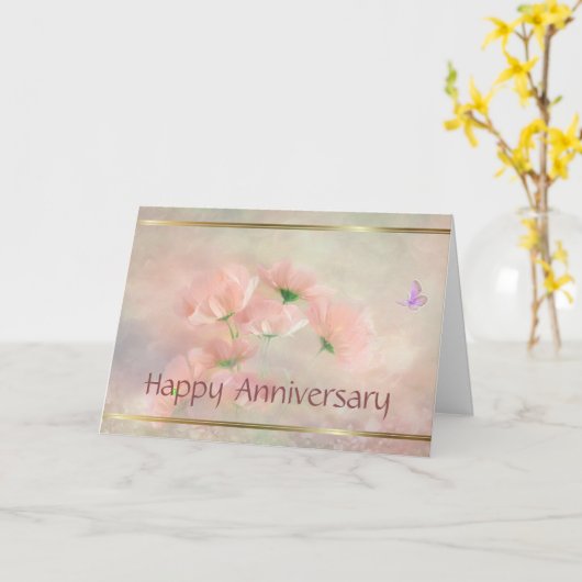 Elegante Rustieke Roze Roze Bloemen Huwelijksjubil Kaart (Gele Bloem)