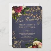 Elegante rustieke rozen navy winter bruiloft kaart (Voorkant)