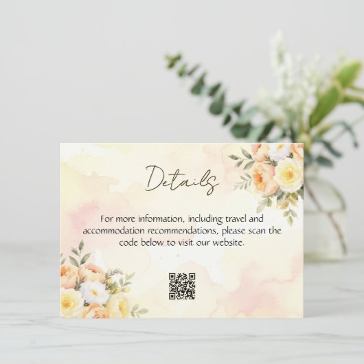 Elegante rustieke Rozen QR Code Waterverf bruiloft Informatiekaartje (Staand voorkant)