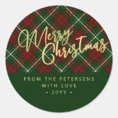 Elegante rustieke ruit rode en groene Prettig kers Ronde Sticker (Voorkant)