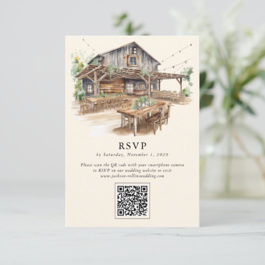 Elegante rustieke schuur QR-code RSVP-kaart RSVP Kaartje (Staand voorkant)