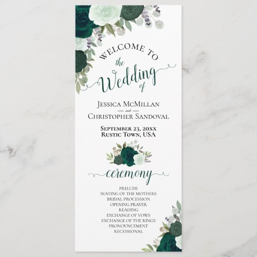 Elegante rustieke smaragd groene Rozen bruiloft Programmakaart (Voorkant)