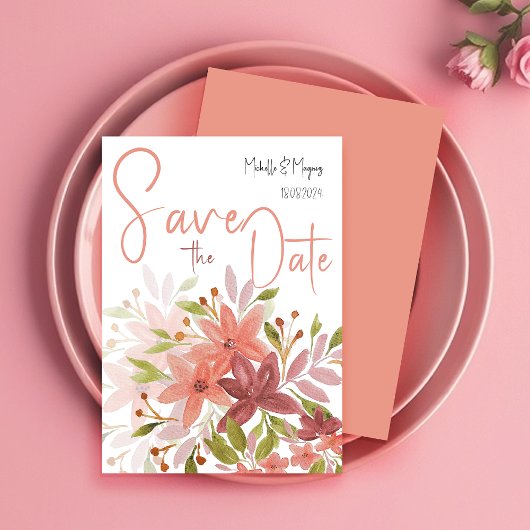 Elegante rustieke terracotta blush groen save the date