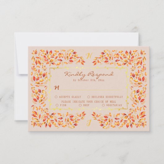 Elegante rustieke Terracotta Fall Bladeren Huwelij RSVP Kaartje (Voorkant)