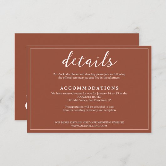 Elegante rustieke terracotta omzoomd script bruilo informatiekaartje (Voorkant / Achterkant)