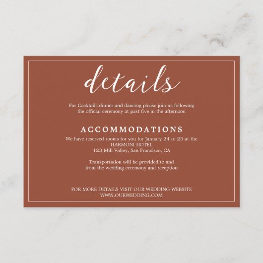 Elegante rustieke terracotta omzoomd script bruilo informatiekaartje (Voorkant)