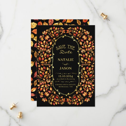 Elegante rustieke val verlaat Boho bruiloft Save The Date (Voorkant / Achterkant in situ)