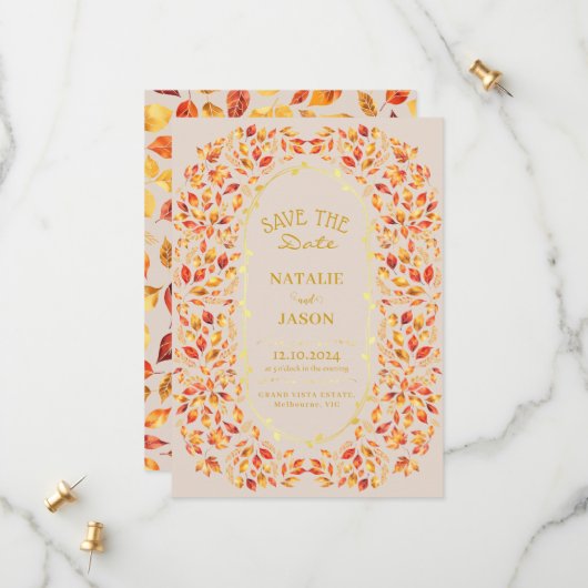 Elegante rustieke val verlaat Boho bruiloft Save The Date (Voorkant / Achterkant in situ)