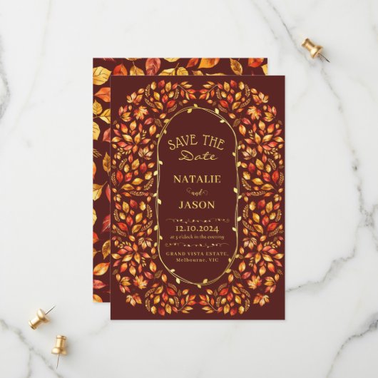 Elegante rustieke val verlaat Boho bruiloft Save The Date (Voorkant / Achterkant in situ)