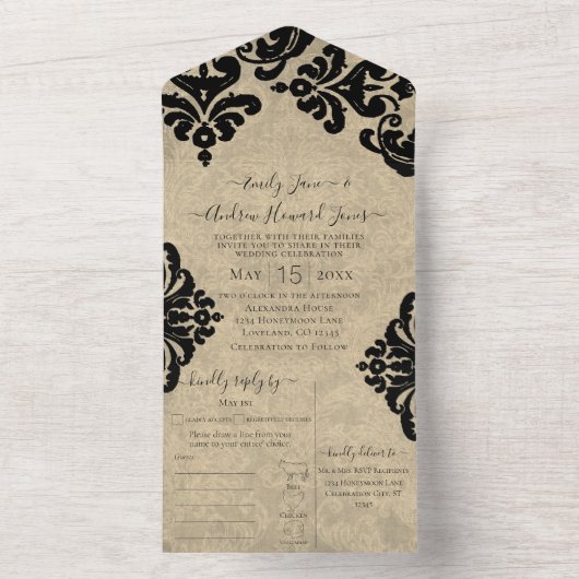Elegante rustieke  Victoriaans bloemdamast All In One Uitnodiging (Binnen)