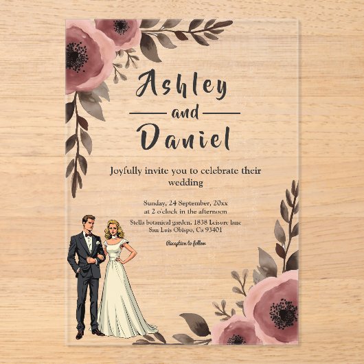 Elegante rustieke Waterverf Floral Romantische bru Acryl Uitnodigingen (Voorkant)