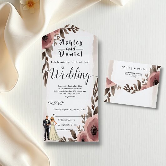 Elegante rustieke Waterverf Floral Romantische bru All In One Uitnodiging