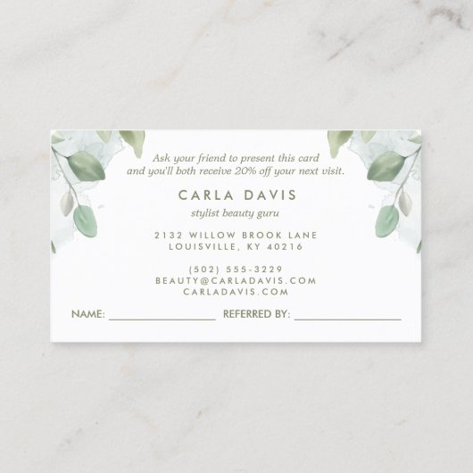 Elegante rustieke Waterverf groene bladeren Aanbevelingskaartje (Achterkant)