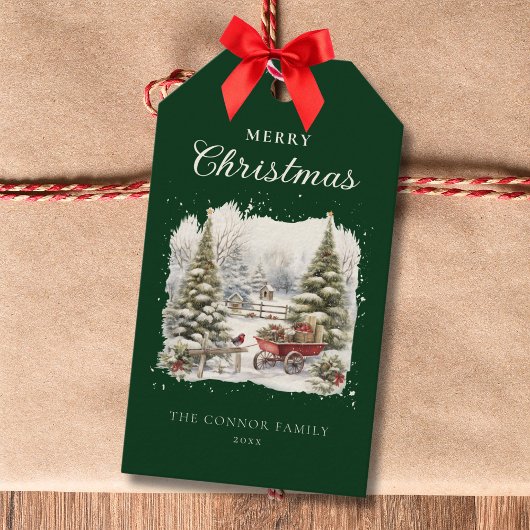 Elegante rustieke Waterverf kerstbomen Cadeaulabel