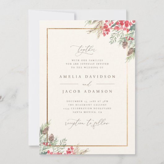 Elegante rustieke Waterverf Winter groen bruiloft Kaart (Voorkant)