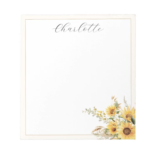 Elegante rustieke Waterverf Zonnebloem Bloemen Notitieblok (Voorkant)