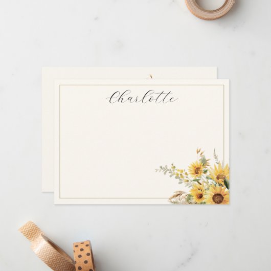 Elegante rustieke Waterverf Zonnebloem Bloemen Notitiekaartje (Voorkant / Achterkant in situ)