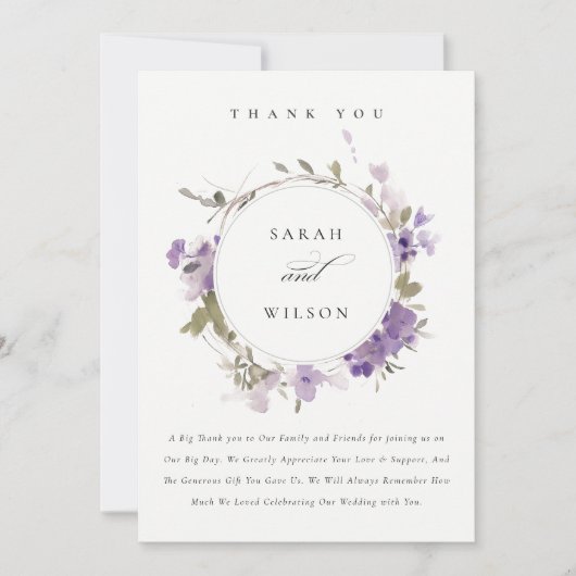 Elegante rustieke weide Lila bloemenkrans bruiloft Bedankkaart (Voorkant)