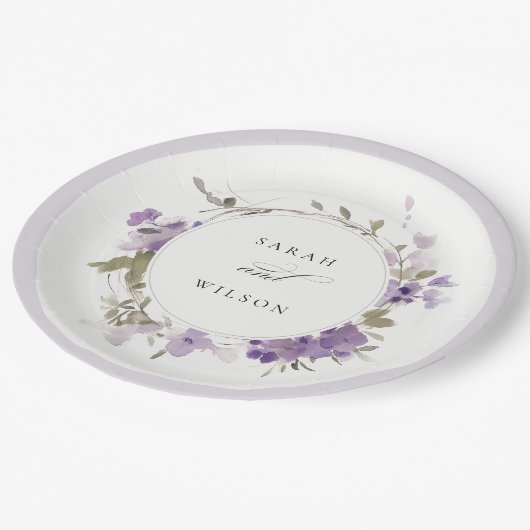 Elegante rustieke weide Lila bloemenkrans bruiloft Papieren Bordje (Gekanteld)